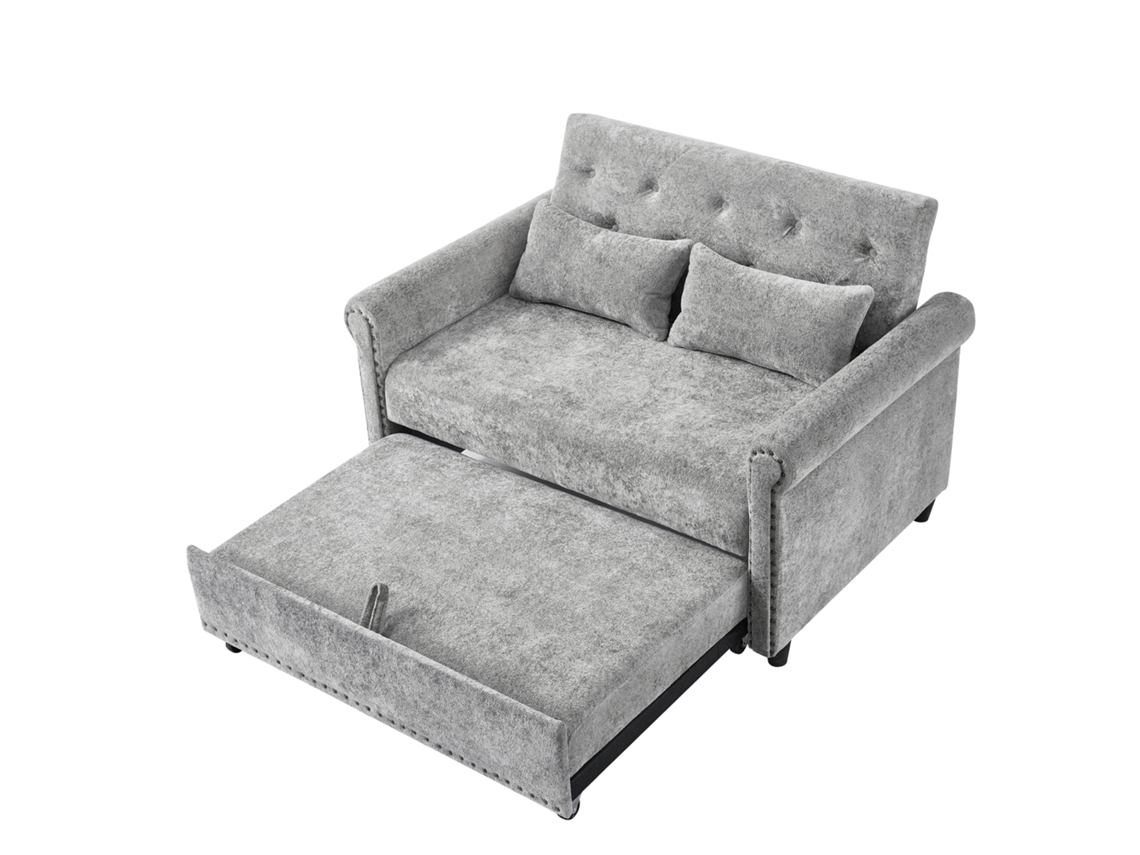 Sofá-cama moderno 3 em 1, sofá de casal de 2 lugares com encosto ajustável e cama de fantasmas em chenille com 2 travesseiros confortáveis.