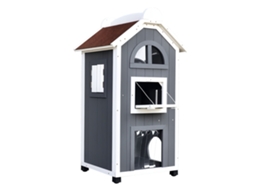 Casa de Gatos em Madeira de Abeto, Serve como Cama e Caixa de Areia, Telhado Asfáltico, 59x55x109 Cm, Cinza