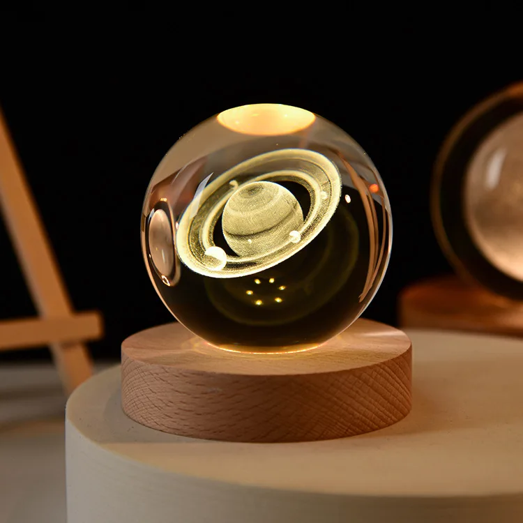 Luminária Noturna Led Usb Bola de Cristal Galáxia 3d Lua Planeta MDUG (saturno 8cm)
