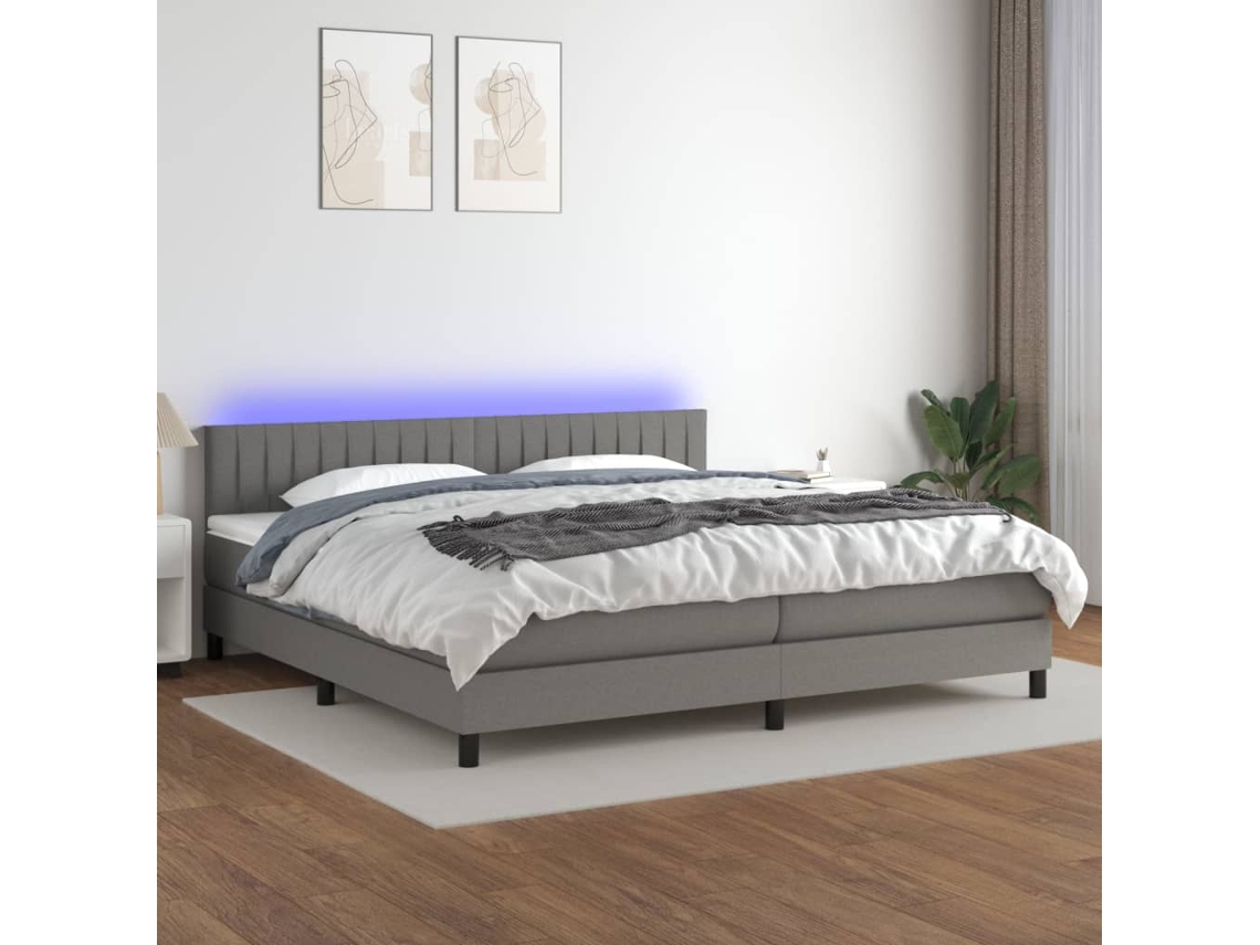 Cama Box Spring C/ Colchão E Led 200x200 Cm Tecido Cinza-escuro