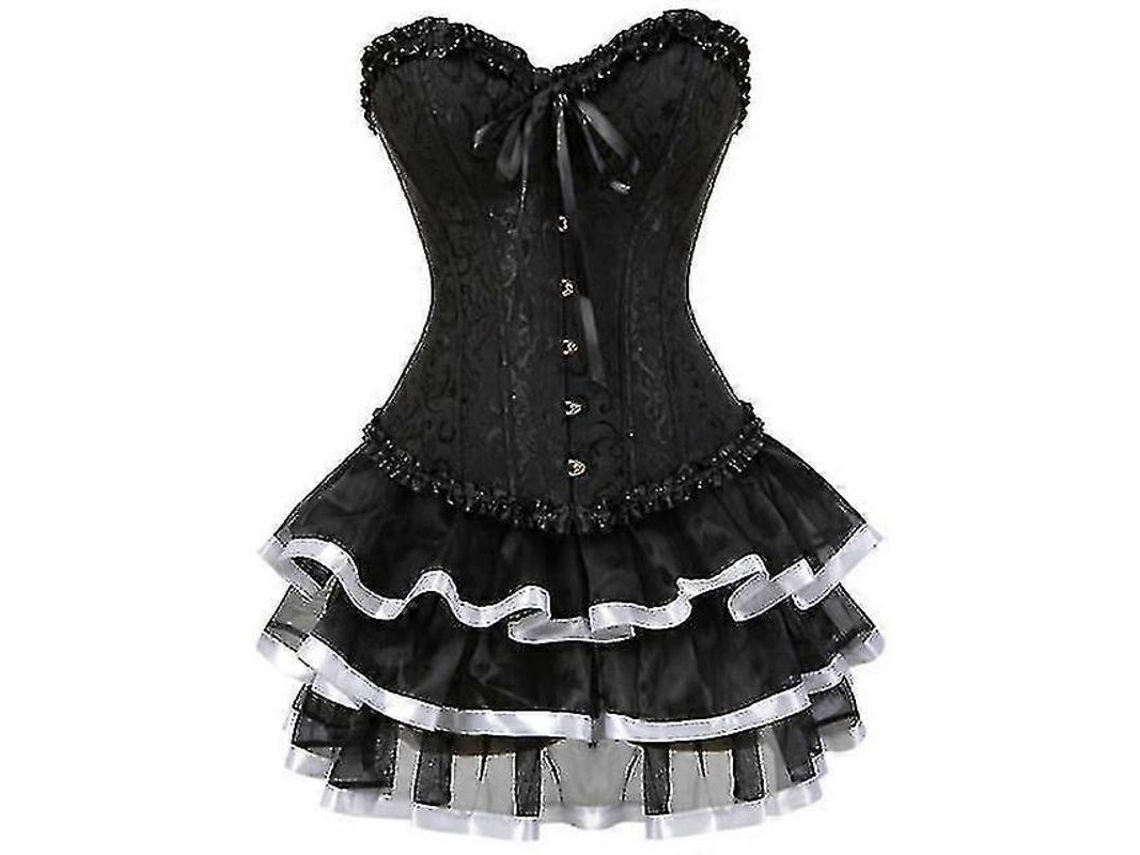 Traje De Corset Burlesque Plus Size Para Mujer Con Falda Mini Tutu Estampado Bordado Huesos Plásticos Poliéster Elastano Branco S