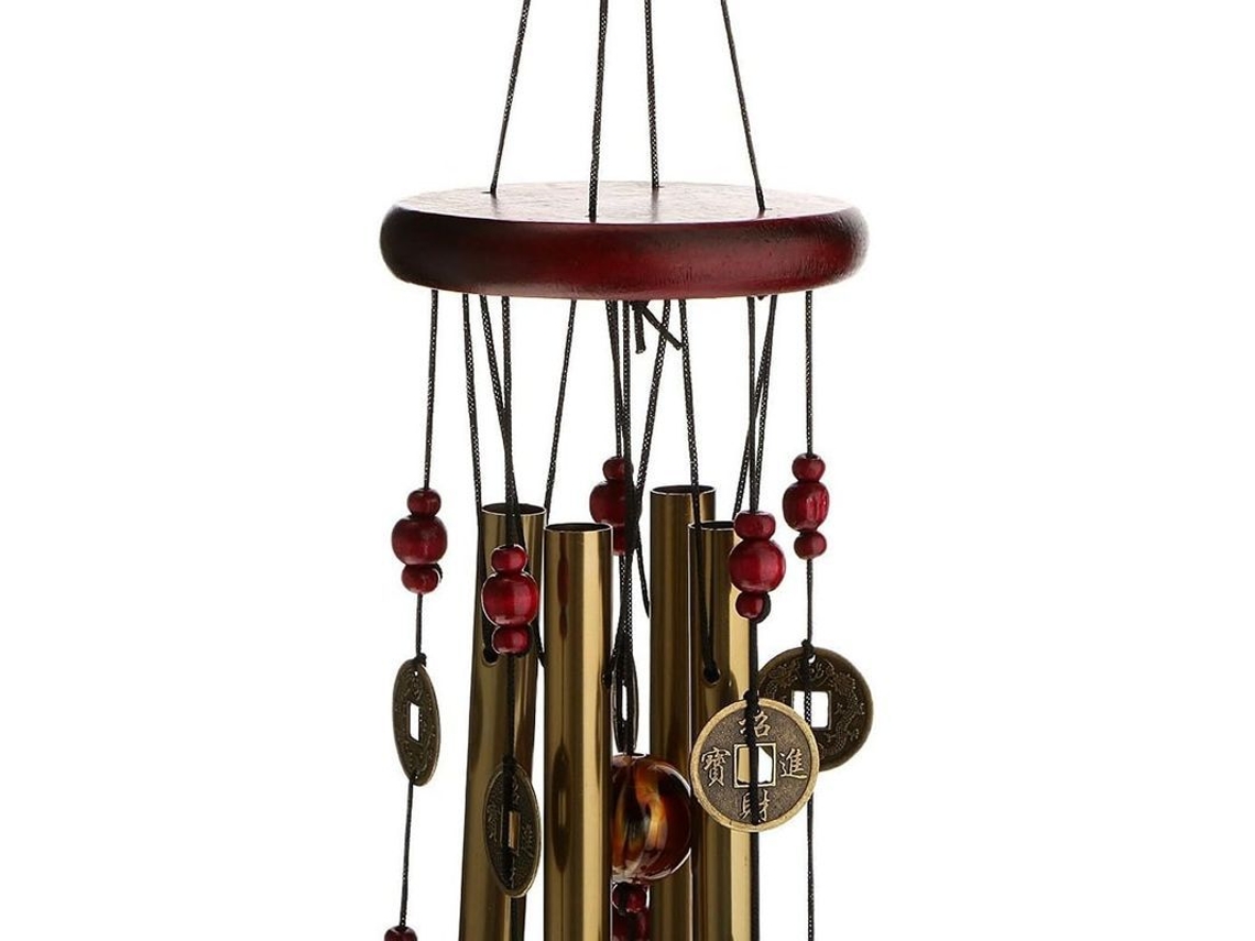 Campana De Viento Com 4 Tubos E 5 Campanas, Decoração De Madeira E Metal, 70cm