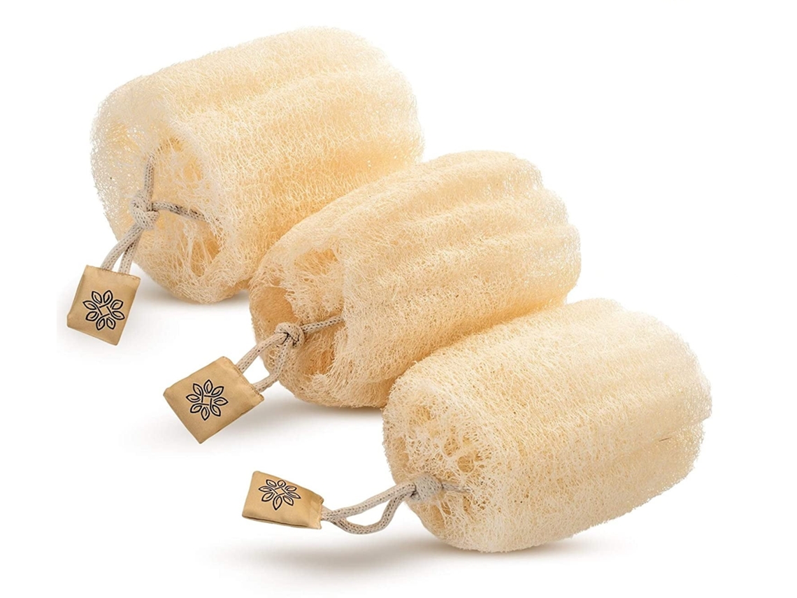 Esponja de banho de bucha vegetal egípcia natural que deixa você limpo e não apenas espalha sabão (pacote com 3 buchas).