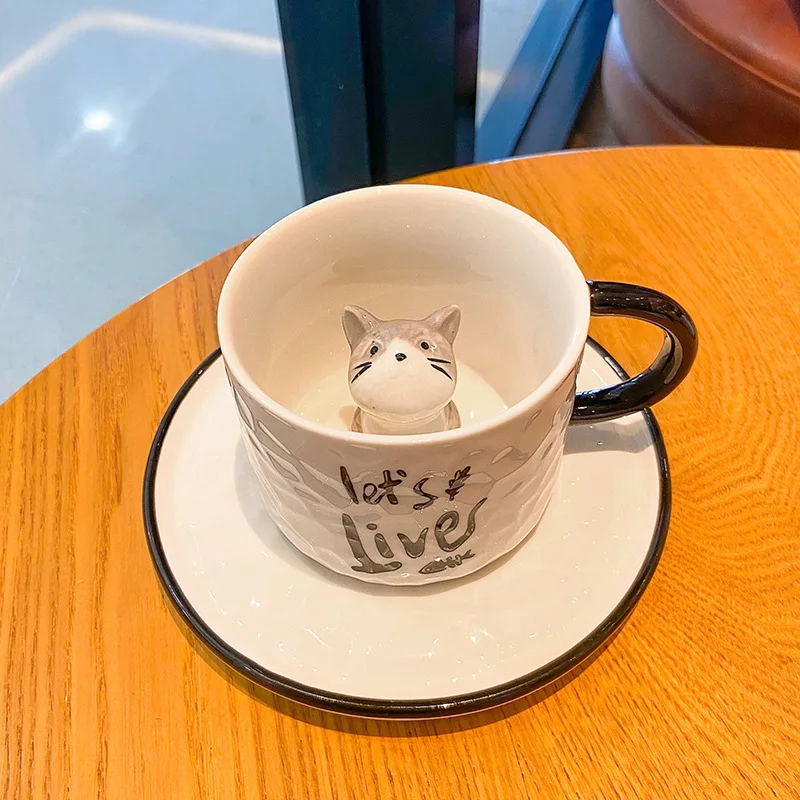 Caneca De Cerâmica Cinza Com Estampa De Gato, Caneca De Café 3d Ecológica, Com Base, Capacidade De 220ml.