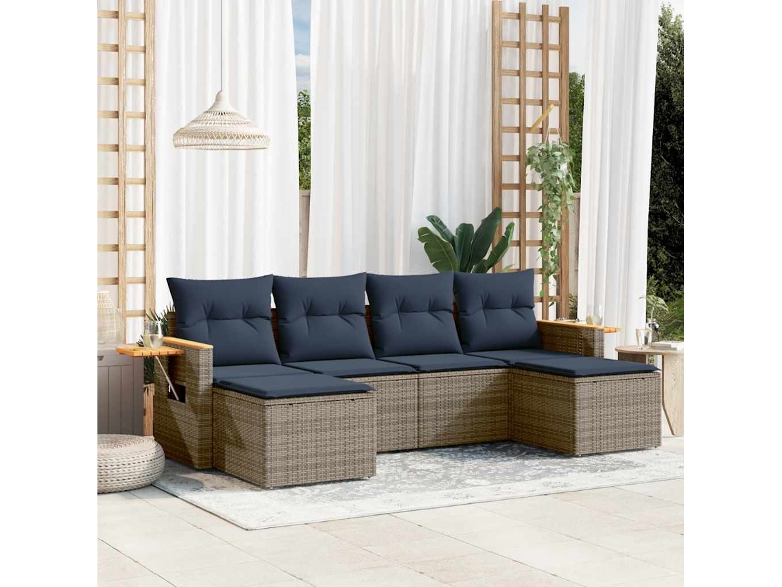 Vidaxl 6 Pcs Conjunto Sofás P/ Jardim C/ Almofadões Vime Pe Cinzento