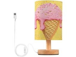 Luminária De Cabeceira Skyshu Em Formato Casquinha Sorvete, Pequena Luminária De Mesa Led Usb Com Base Madeira