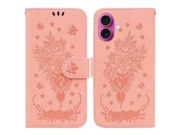 Capa Para Iphone 17 Em Couro Com Estampa De Borboleta E Rosa.