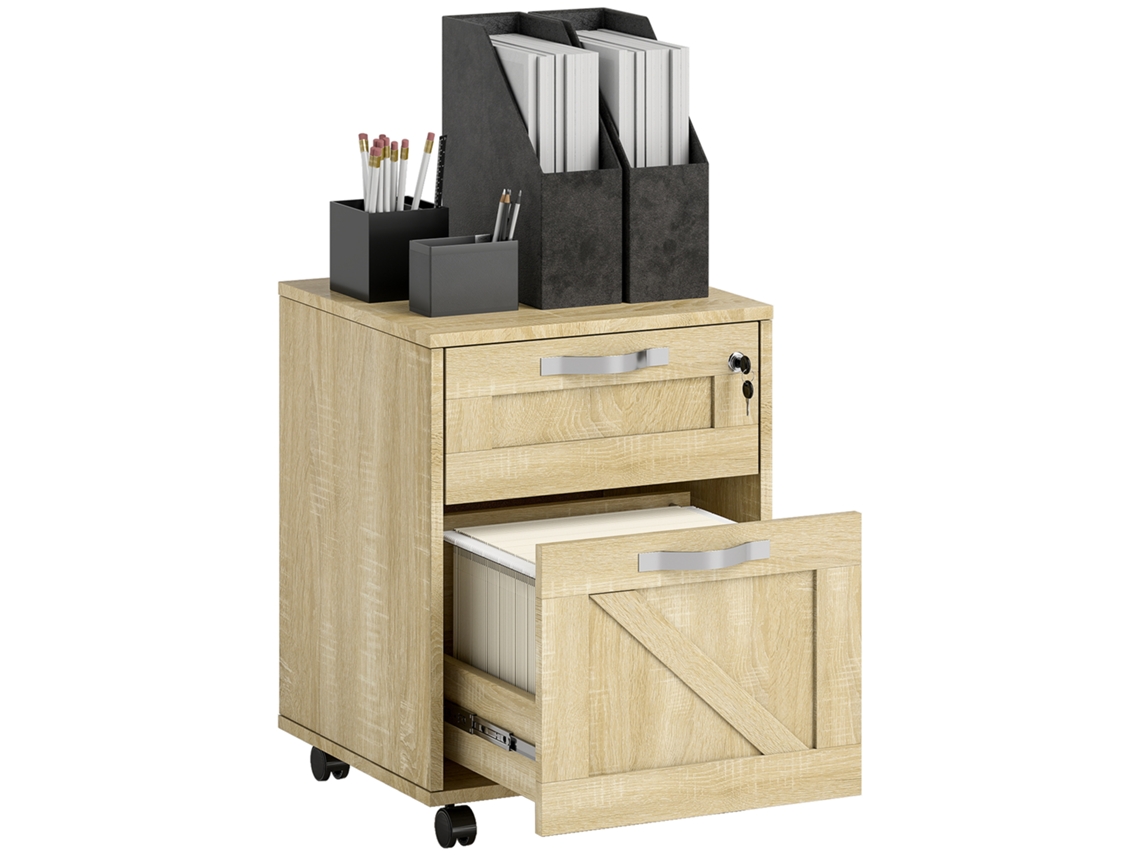 Bloco De Gavetas Para Escritório Com 2 Gavetas Rodas Móveis Para Arquivos Com Fechadura E Suporte Para Pastas Suspensas 41x42x56 Cm Madeira
