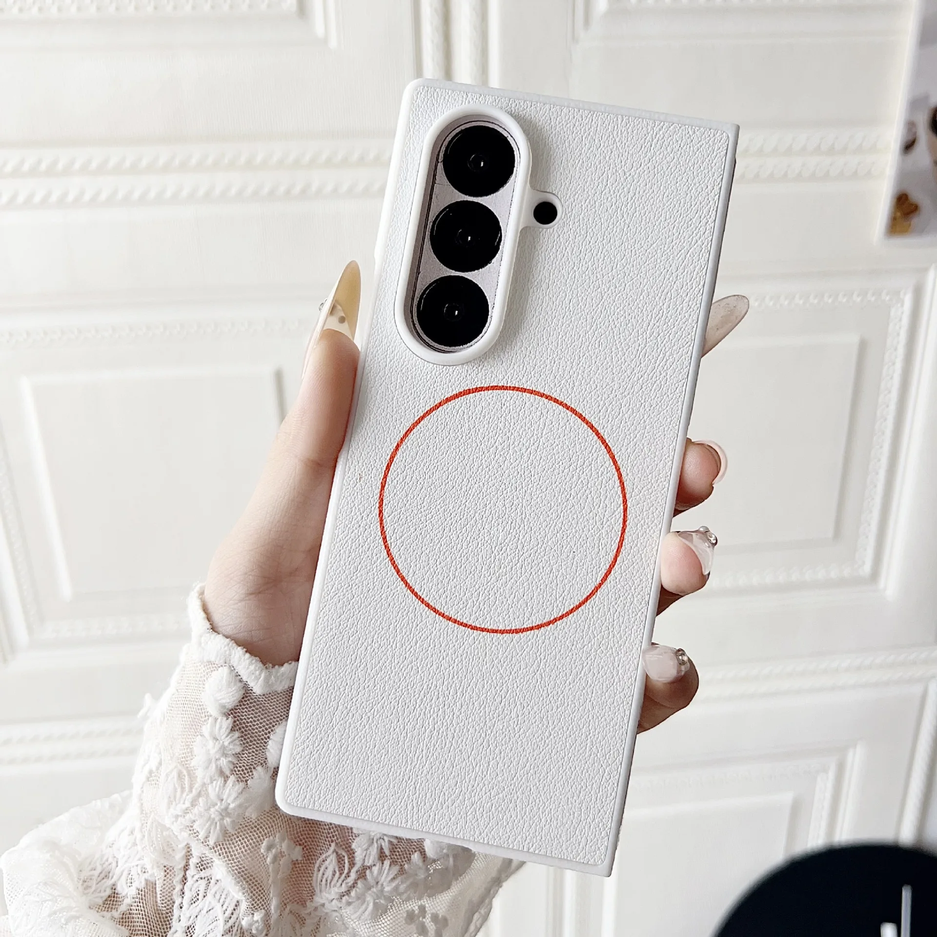 (branco, Galaxy Z Fold6) Capa Minimalista Dobrável Em Couro Para Celular Com Protetor De Carregamento Sem Fio Magnético