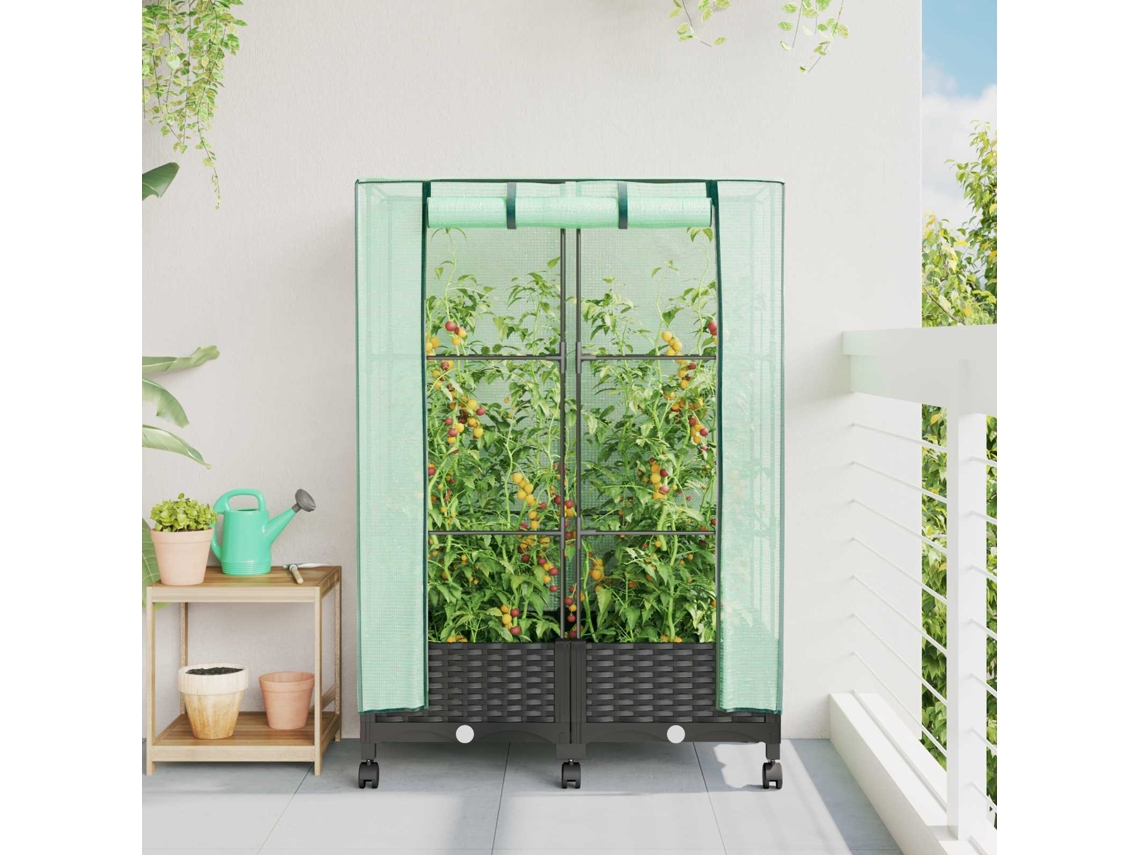 Vidaxl Jardineira Com Cobertura De Estufa E Rodas 2 Unid. Preto Pp