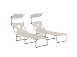 Conjunto De 2 Espreguiçadeiras Dobráveis Com Dossel 360° Encosto 5 Posições Orifício Facial E Textilene 550 G/m² 188x56x27 Cm Bege
