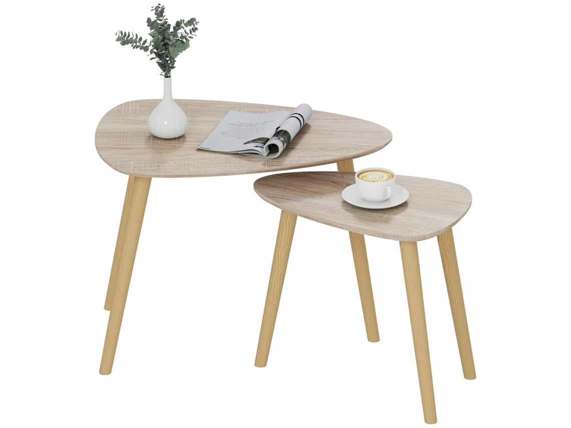 Conjunto De 2 Mesas Auxiliares Com Pés De Madeira De Café 59,5x39,5x45 Cm E 44,5x28,5x40