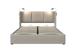Cama de Casal Estofada PAPRIKA com Baú, Luz de Leitura Usb, estrutura em Linho, 160x200, para Quartos Juvenis