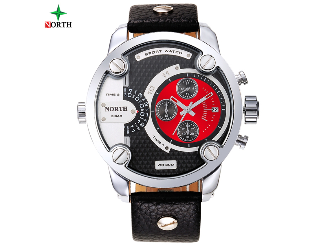 Reloj Hombre Analógico De Cuarzo Con Correa De Cuero Y Fecha Dial Rojo