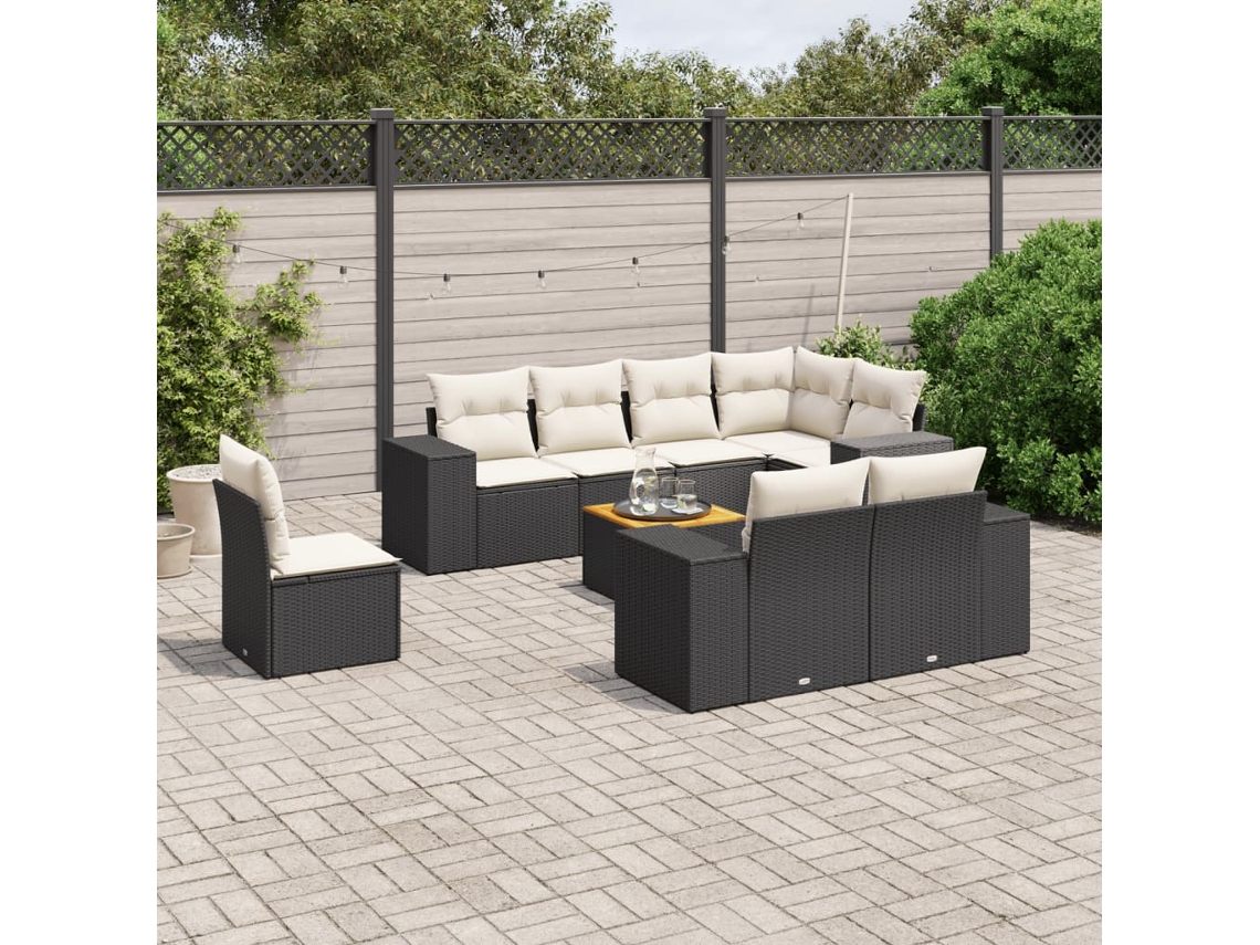 Vidaxl 9 Pcs Conjunto De Sofás P/ Jardim C/ Almofadões Vime Pe Preto