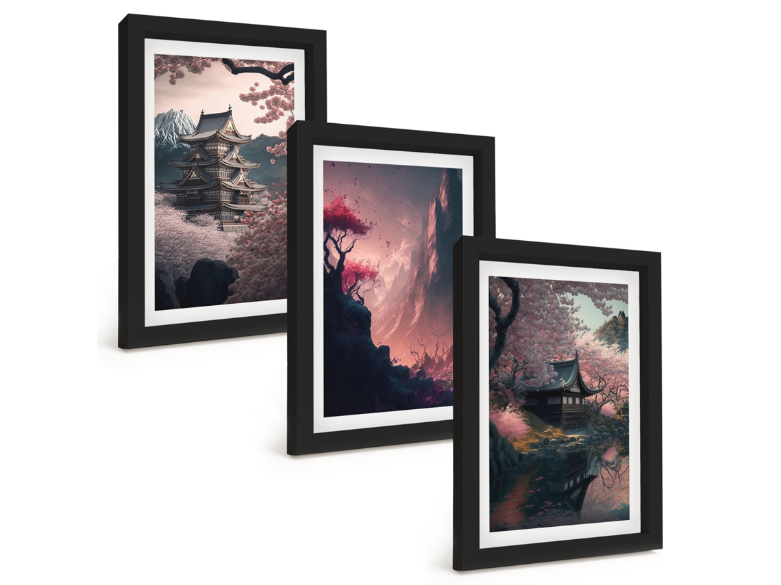 Composição De Quadros Paisagens Fantásticas Das Montanhas Do Japão Moldura Preta Imagens Para Um Quarto Infantil Espelharte (3 Peças 20x30 Cm)