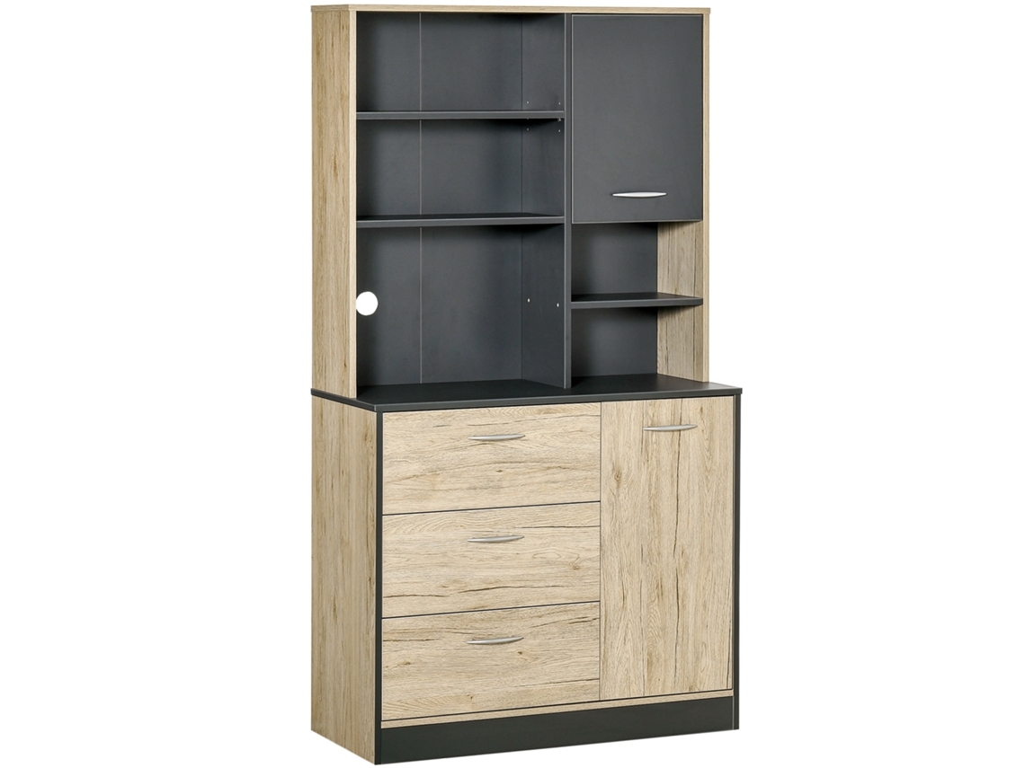 Aparador de Cozinha Multifuncional com 2 Portas, 3 Gavetas e 3 Prateleiras, Tampo Amplo, 90x39x169 Cm, Carvalho Claro e Cinza CHEZMOI