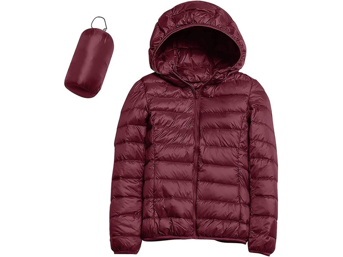 Jaqueta de Pluma Leve Casual Feminina com Capuz, Empacotável e com Bolsa de Armazenamento Medium K wine