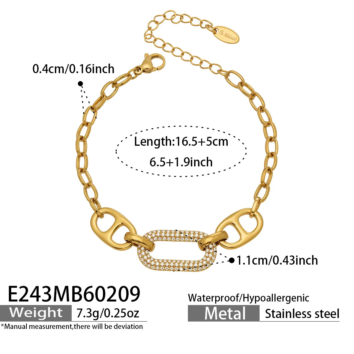 Pulseira Elegante Em Aço Inoxidável Banhado A Ouro Com Zircônias