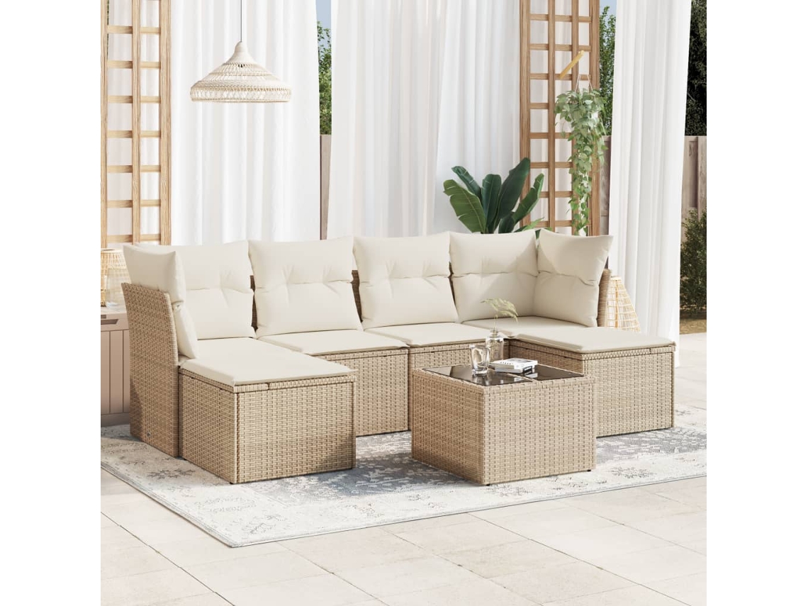 Vidaxl 7 Pcs Conjunto De Sofás P/ Jardim Com Almofadões Vime Pe Bege