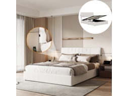 Cama Estofada 90x200cm com Armazenamento, Led/USB, Estrado e Cabeceira, Linho Cinza BURSDANY