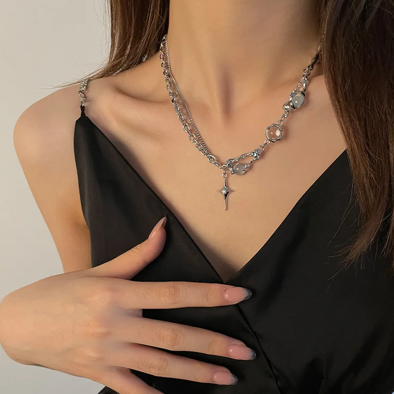 Colar Com Pingente De Estrela E Cruz, Corrente Clavicular Com Cristal Y2k.