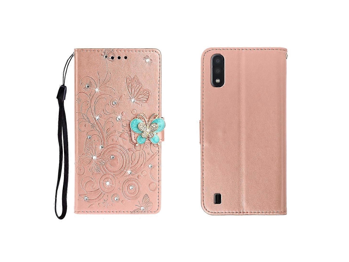 Capa De Couro Com Estampa De Borboleta E Strass Horizontal Para Galaxy A01, Com Compartimento Para Cartão, Carteira E Suporte.