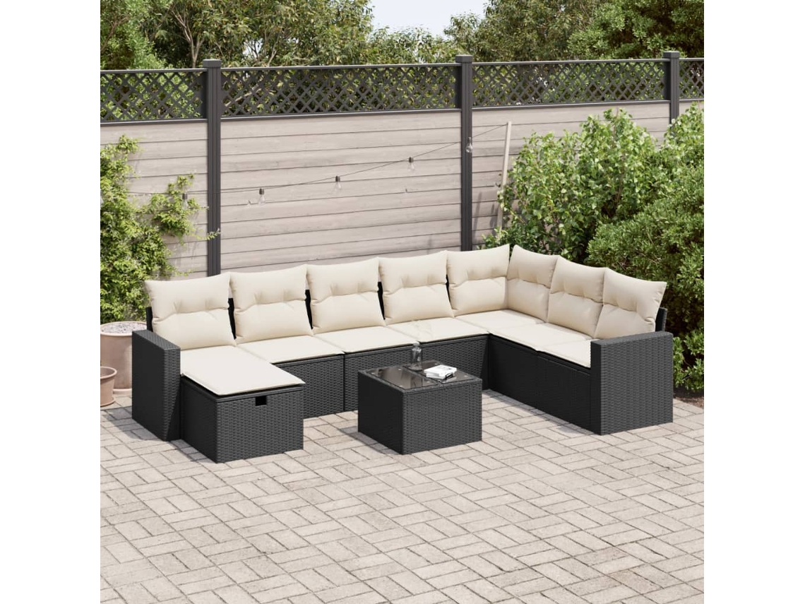 Conjunto 9 Pcs de Sofás P/ Jardim com Almofadões Vime Pe Preto PANGSHIYUAN
