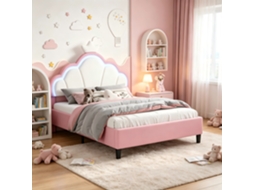 Cama Infantil 140x190 Cm Estofada Veludo Rosa Branco,cabeceira Coroa Ajustável Com Luzes Led Rgb,estrado De Ripas,sem Colchão,rosahqnda