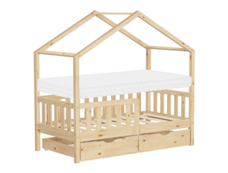 Cama infantil Casita ML Design em madeira natural, 70 x 140 cm, com colchão e 2 gavetas