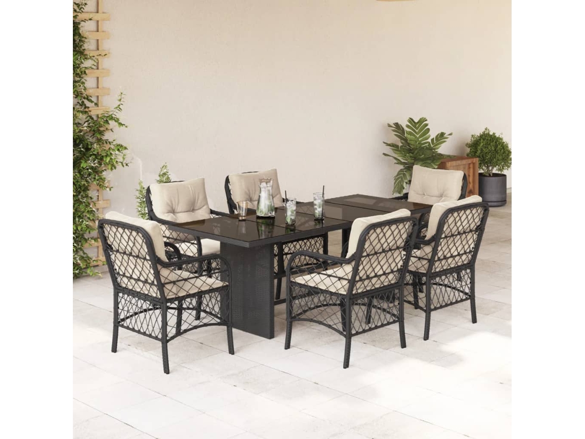 Vidaxl 7 Pcs Conjunto De Jantar P/ Jardim C/ Almofadões Vime Pe Preto
