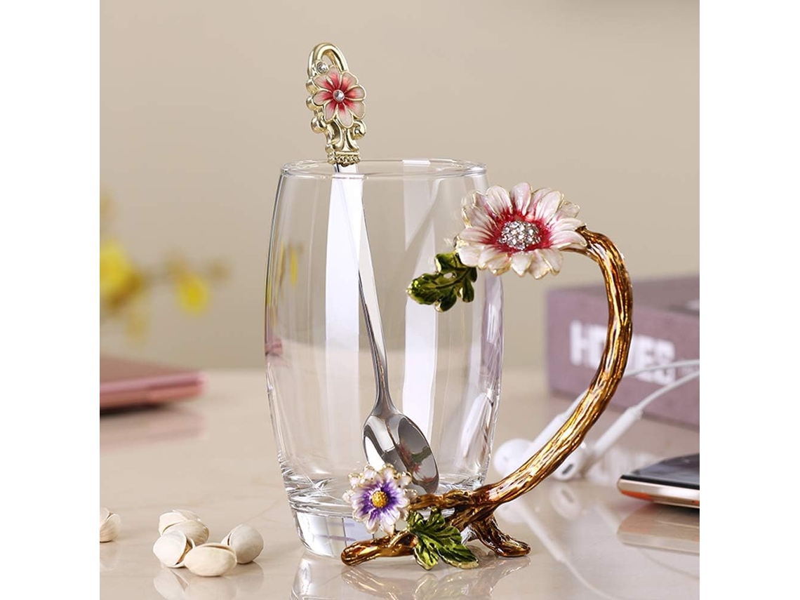 Xícara De Chá E Colher Cristal Esmaltado Com Girassol, Sem Chumbo. Presente Ideal Para O Natal Dia Dos Namorados. Aquaforge