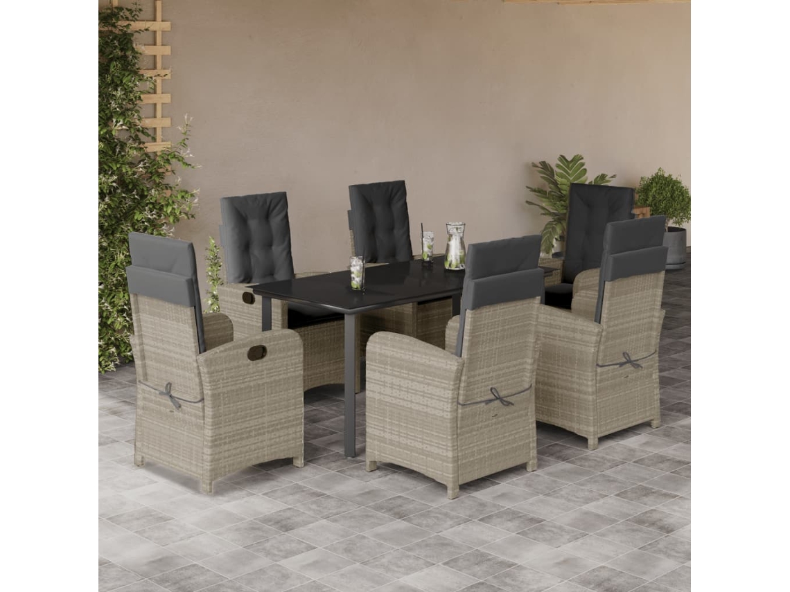 Vidaxl 7 Pcs Conj. Jantar P/ Jardim C/ Almofadões Vime Pe Cinza-claro