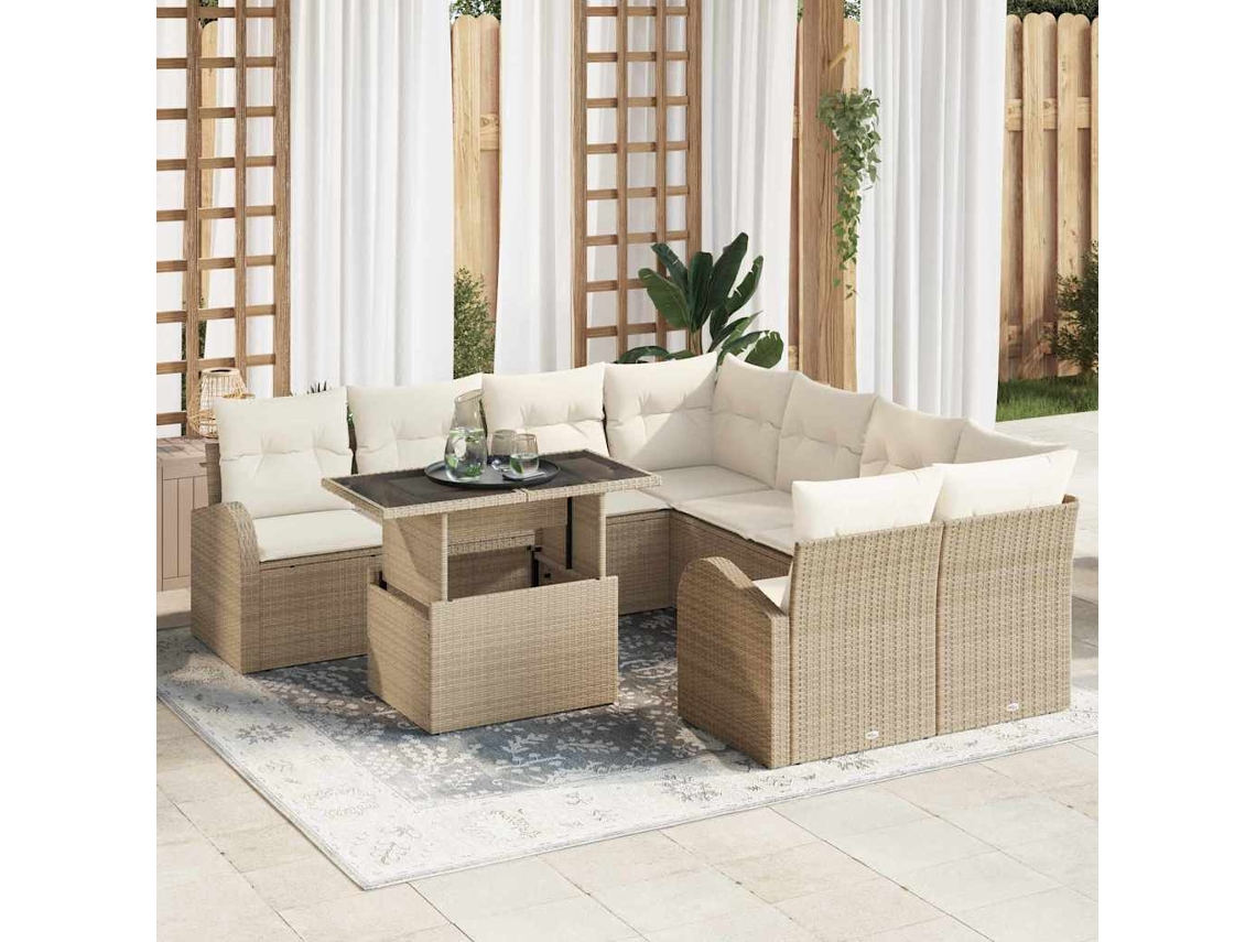 Vidaxl Conjunto De Sofá De Jardim 9 Unid. Bege Rattan De Polipropileno