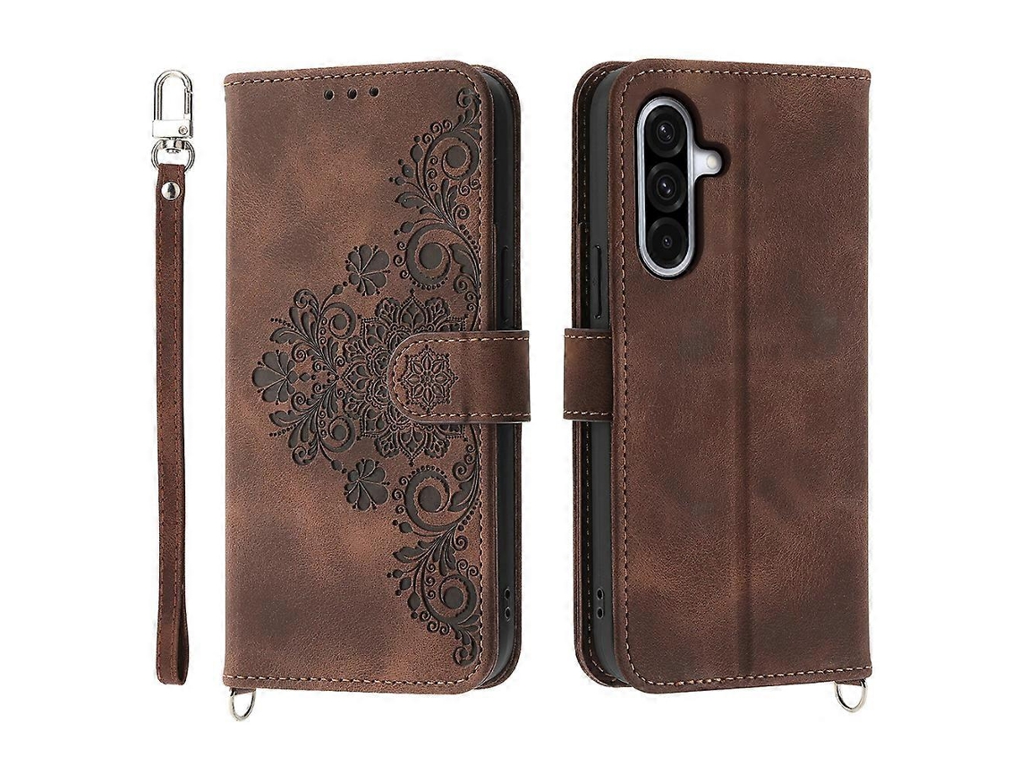 Capa Tipo Carteira De Couro Sintético Com Estampa Floral E Alça Para Samsung Galaxy A17 5g, Marrom