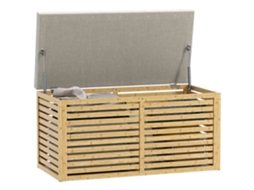 Baú de Arrumação para Dormitório 122l Estofado em Linho Sintético com Almofada Estrutura de Bambu 90x42x43 Cm Cinza e Madeira Ge