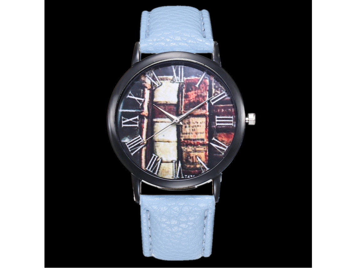 Relógio de pulso unissex de quartzo com pulseira de PU, mostrador redondo, T431 azul claro.