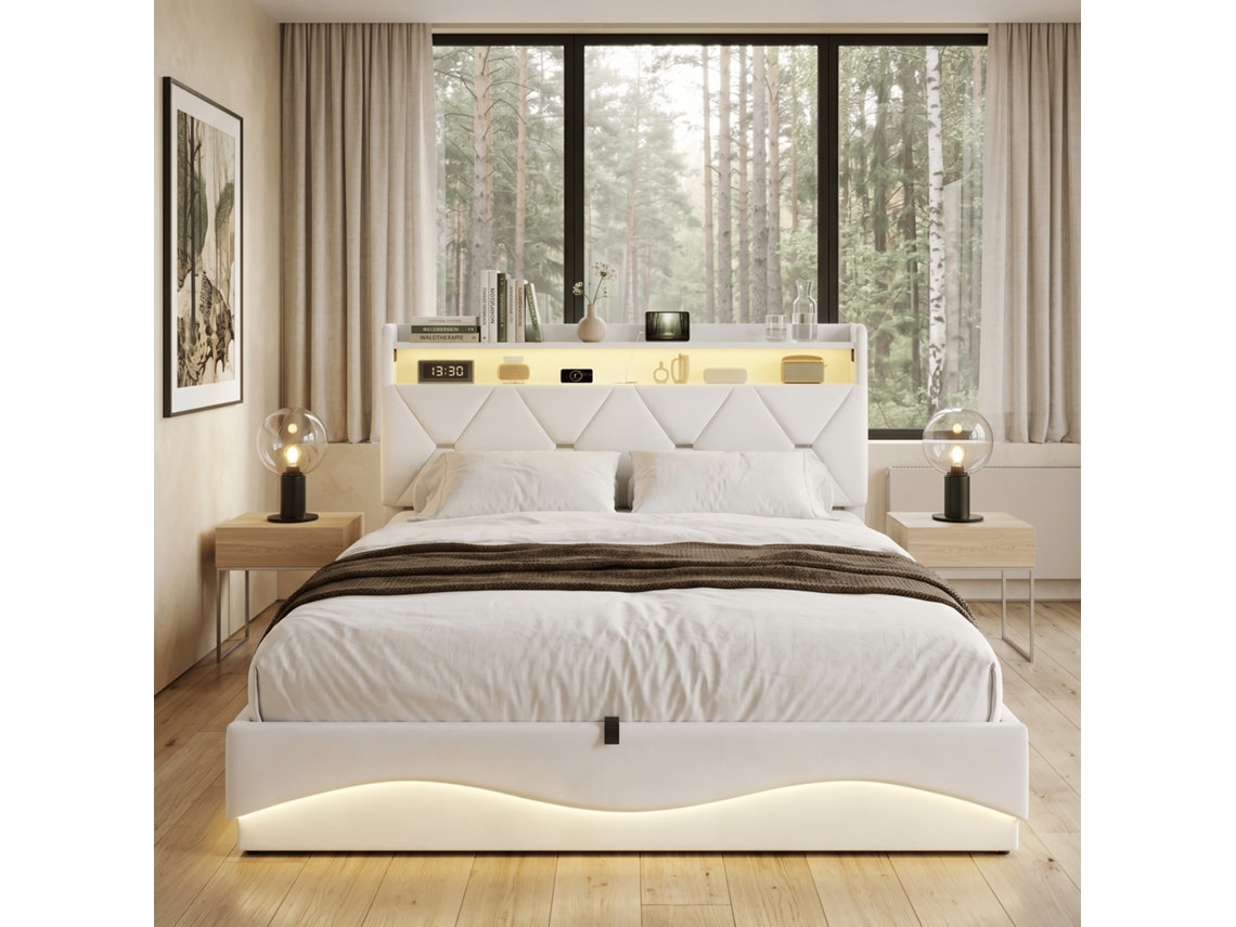 Cama Estofada Em Veludo 140x200 Cm Com Sistema Elevável Hidráulico, Iluminação Led, Cabeceira Rebatível Com Usb, Cama Casal, Beige