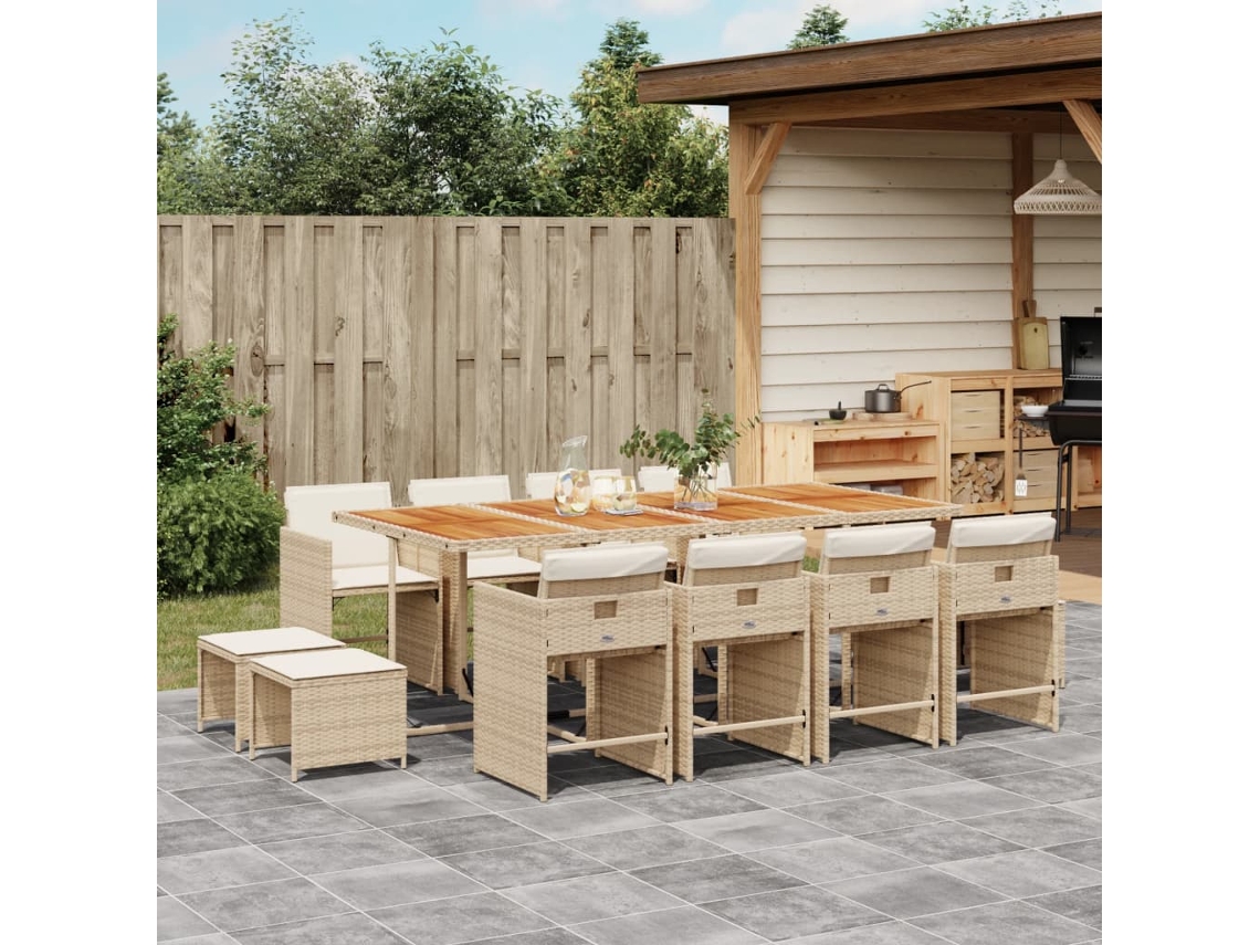 Vidaxl 13 Pcs Conjunto De Jantar P/ Jardim Com Almofadões Vime Pe Bege