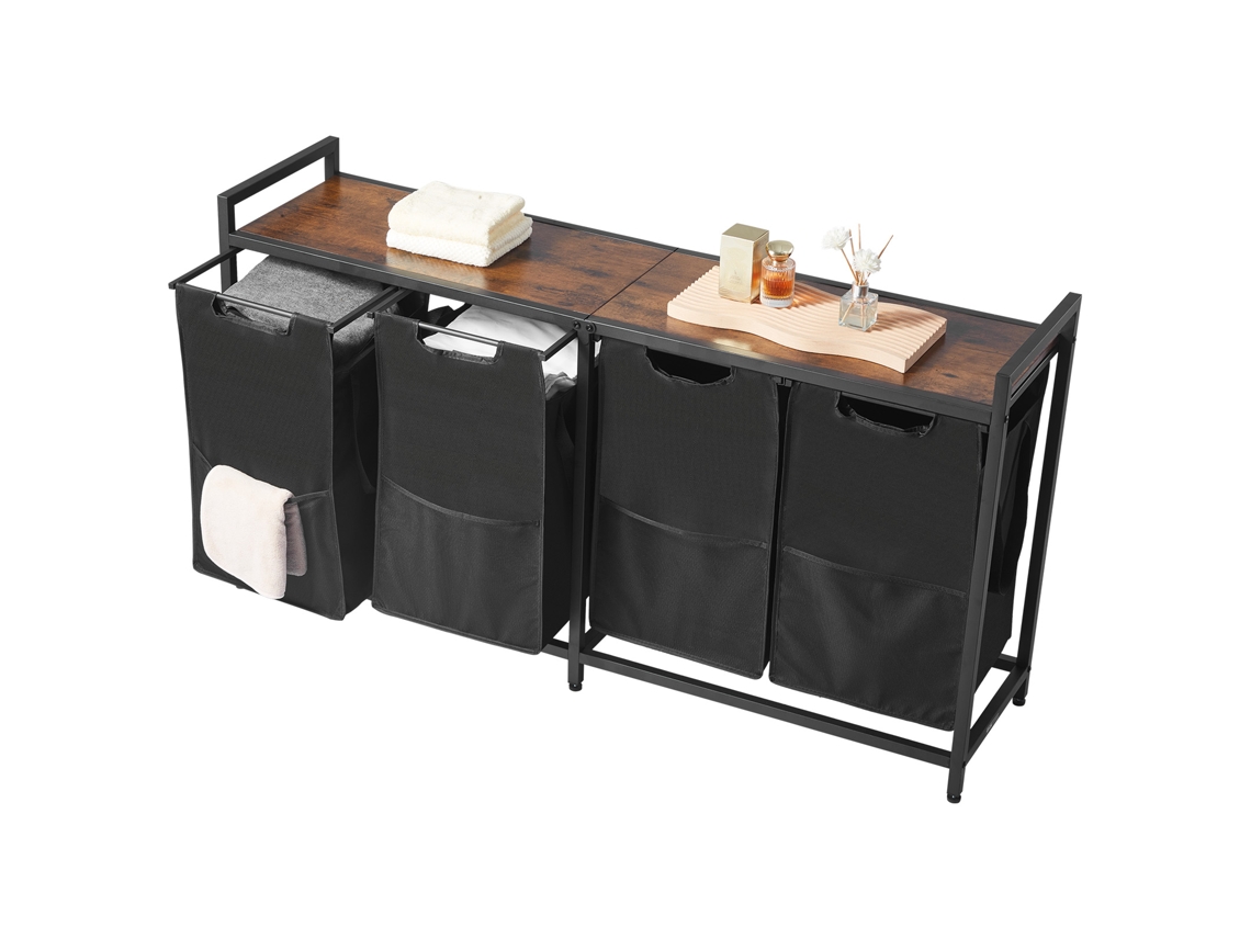 Cesto para Roupa com Tábua de Madeira, Classificador Roupas 1312 X 330 710 Mm 4 Sacos Extensíveis Tecido Oxford 600d e Estrutura Metal, Banheiro,