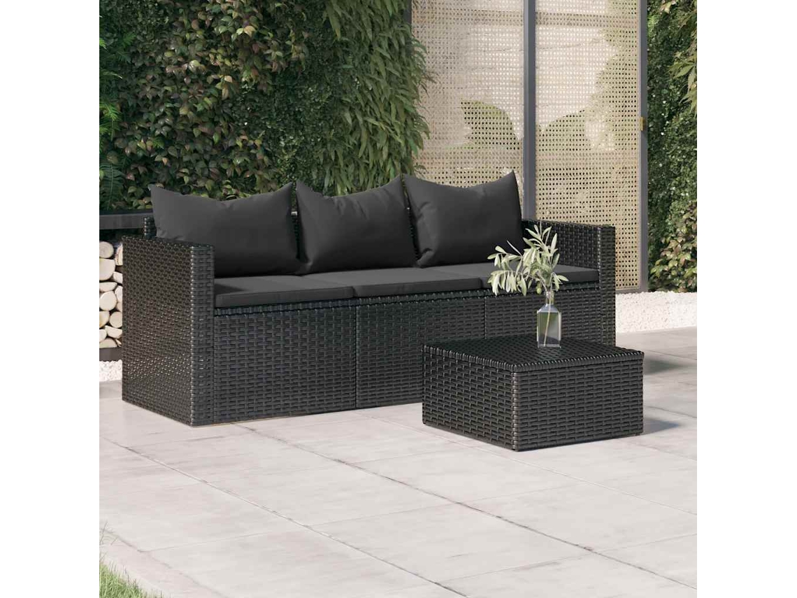 Vidaxl Sofá De Jardim 3 Lugares Com Almofadões Vime Pe Preto