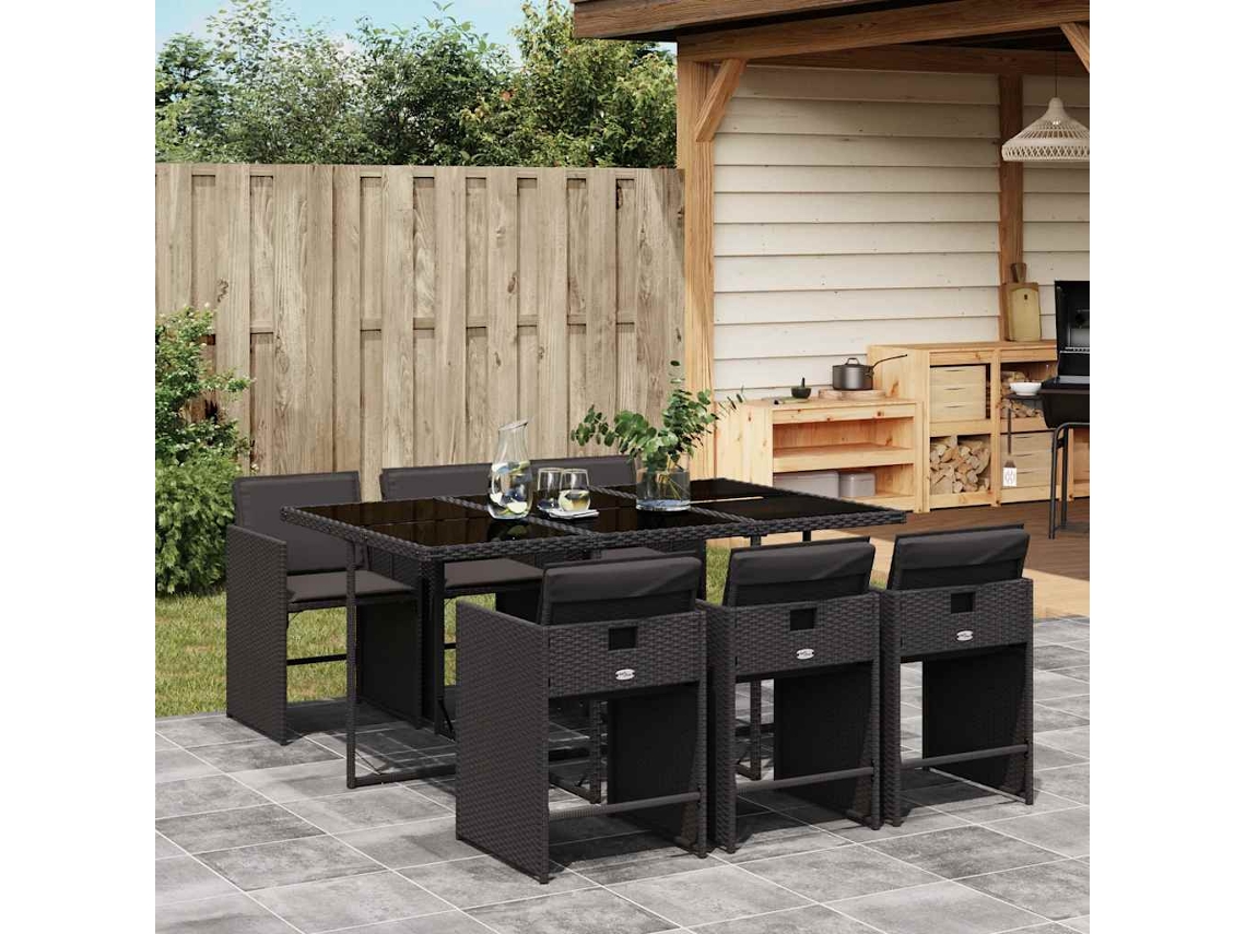 Vidaxl 7 Pcs Conjunto de Jantar P/ Jardim C/ Almofadões Vime Pe Preto