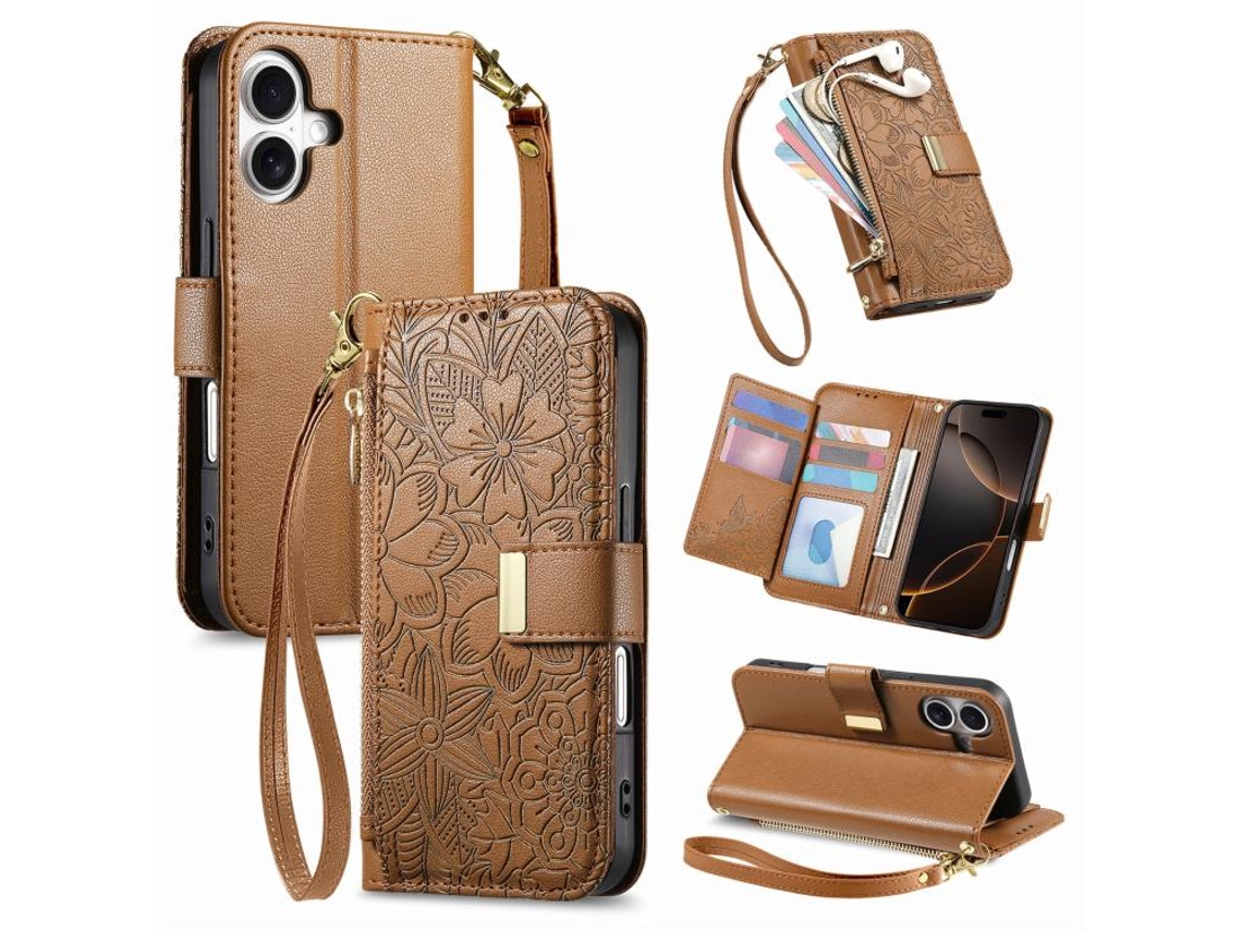 Capa Para Iphone 17 Em Couro Com Estampa De Flores E Folhas E Alça.