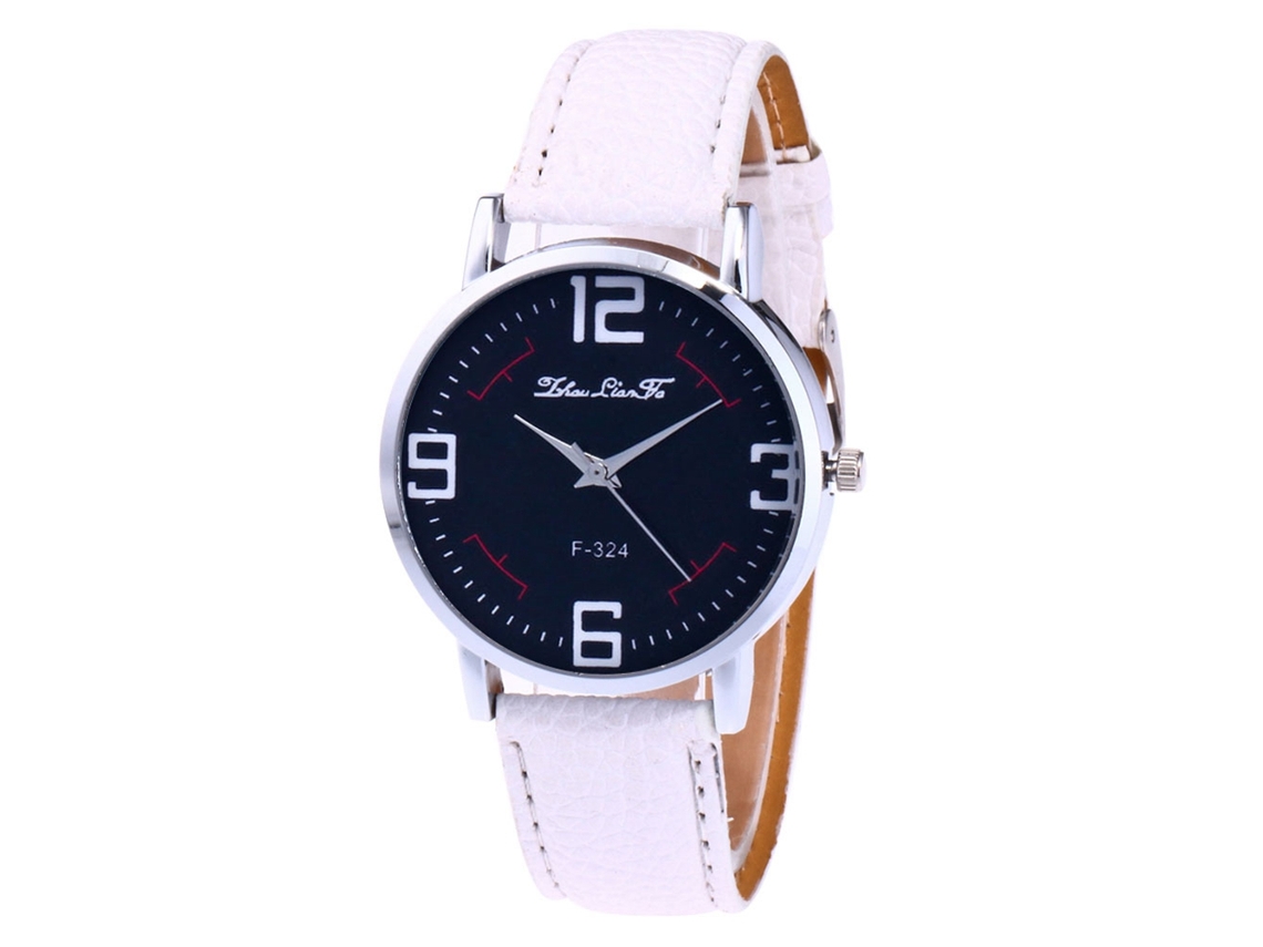 Relógio de Pulso Feminino de Quartzo com Pulseira de Couro Esfera Preta Moda (branco)