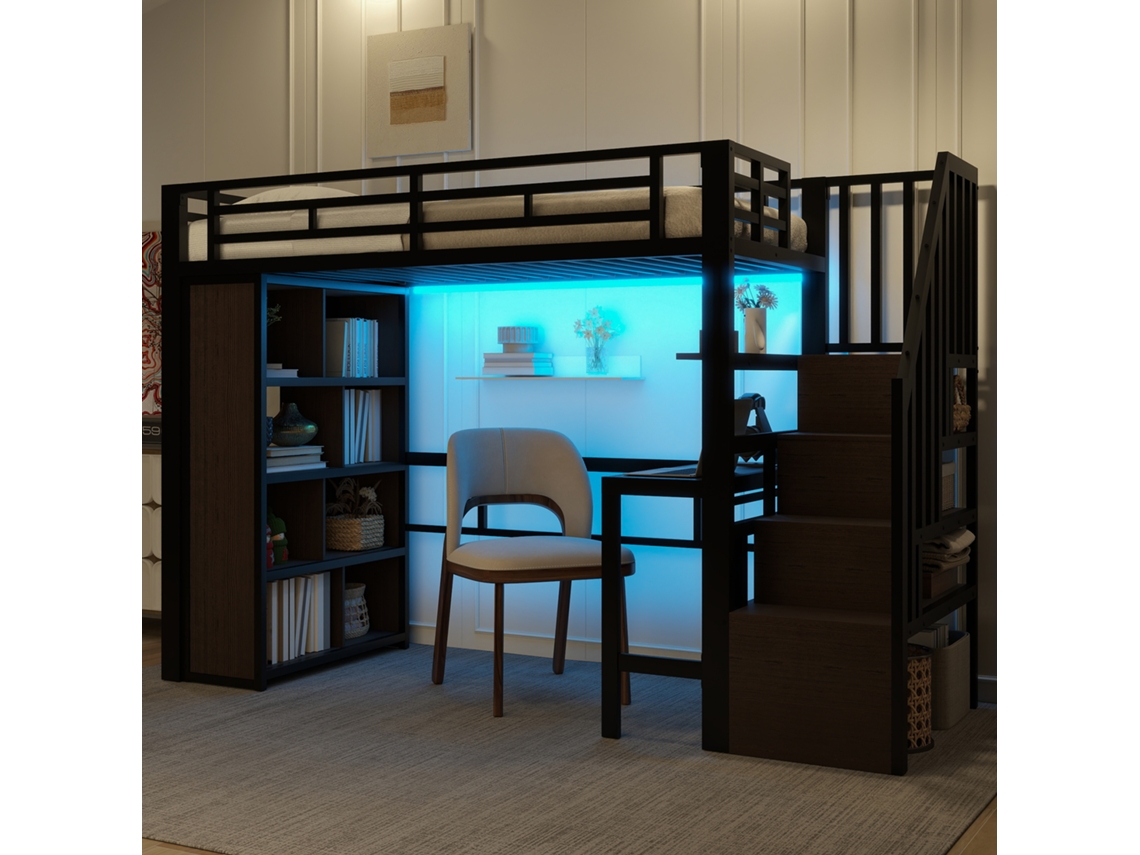 Hochbett 90x200cm Com Mesa, Prateleira, Led, Escada E Armazenamento Preto