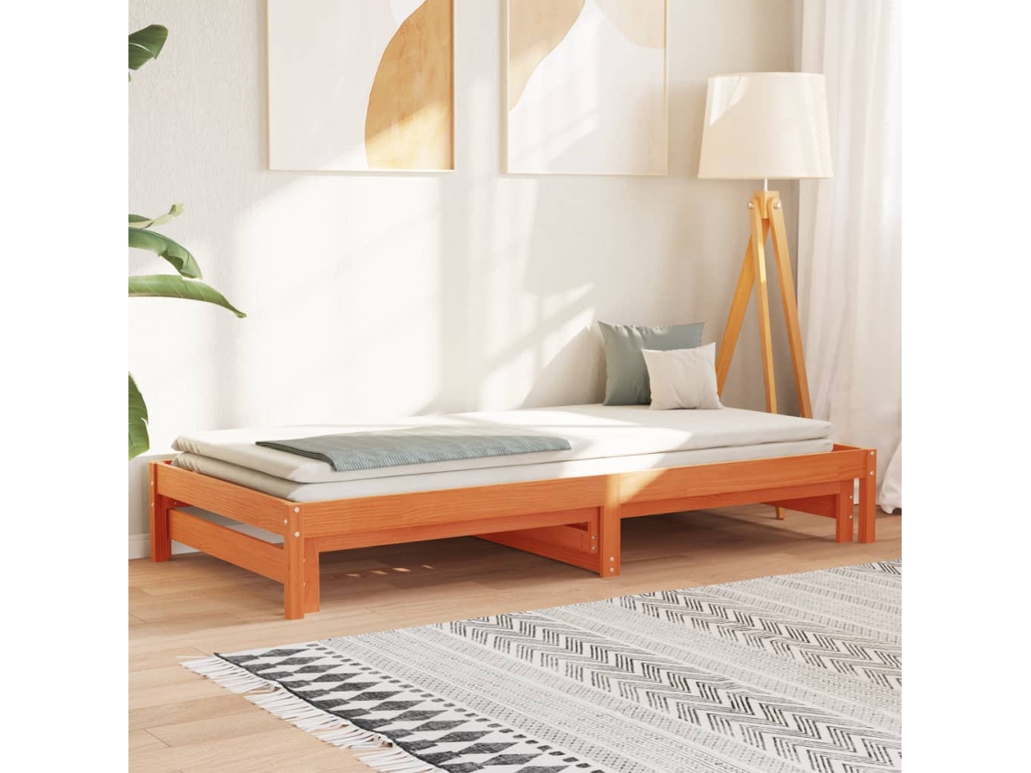 Sofá cama con cajón 80x200 cm en madera de pino encerado marrón