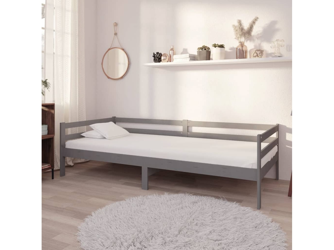 Cama De Solteiro | Camas Para Quarto | Sofá-cama Com Colchão 90x200 Cm Pinho Maciço Cinzento