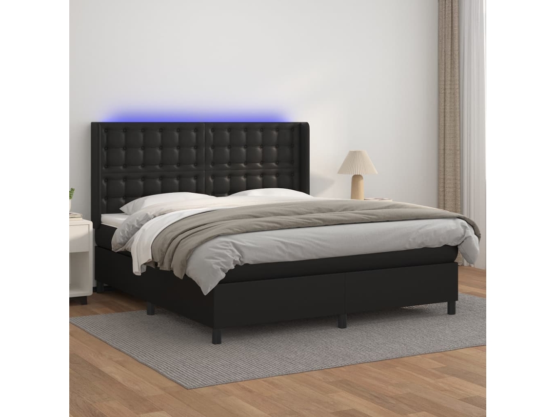 Cama Box Spring C/ Colchão/led 160x200cm Couro Artificial Preto