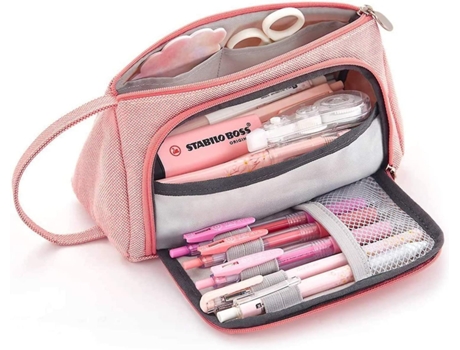 Estojo de lona de grande capacidade Miraflow com alça para estudantes, escritório, faculdade, ensino fundamental e médio (rosa)