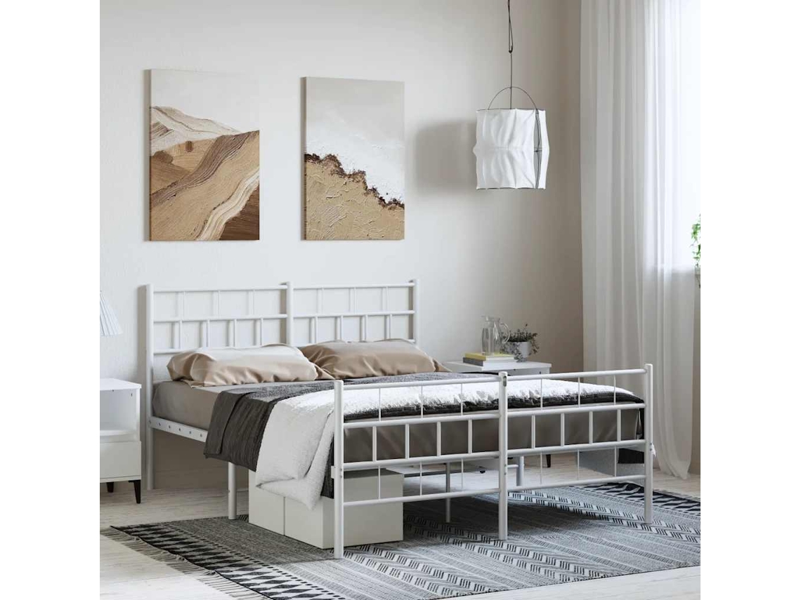 Cama De Casal | Camas Para Quarto | Estrutura De Cama Com Cabeceira E Pés 135x190 Cm Metal Branco